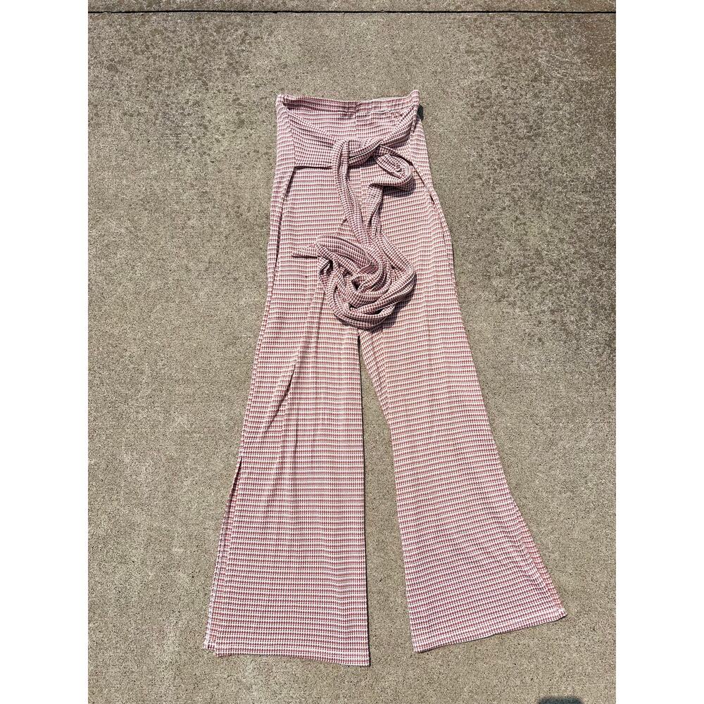 Endless Blu Plaid Jumpsuit S Wide Leg Sleeveless Tie Waist Red White Casual Boho - Picture 4 of 5